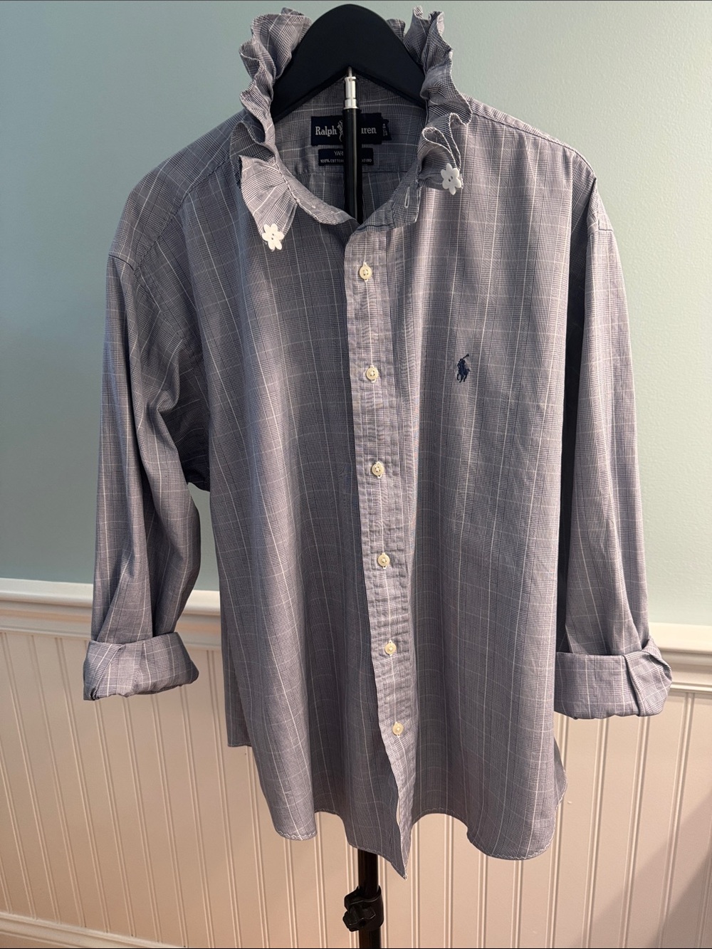 Reimagined RLauren by/wh windowpane shirt with ruffled collar